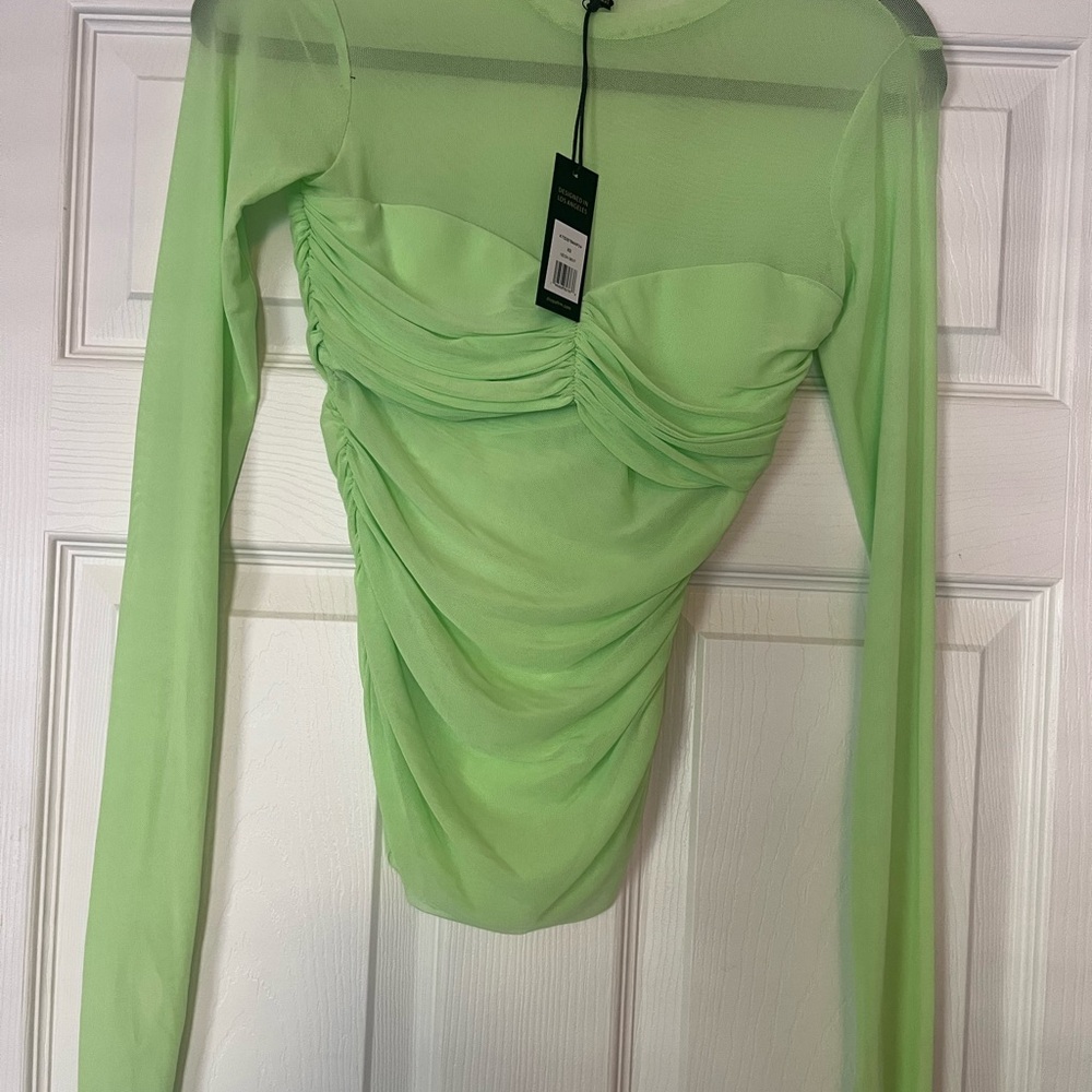 Sheer Green Ruched Long Sleeve Top